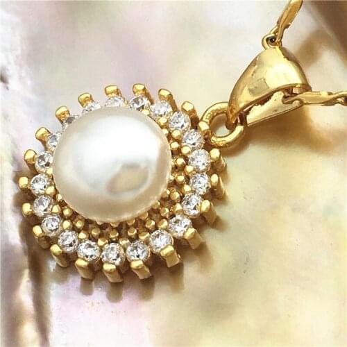 Ladys 5 colors new white/black/purple/grey/pink natural freshwater pearls 18kgp inlay zircon pendant with free chain 14