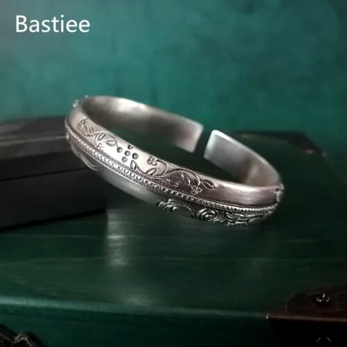 Bastiee Chinese Vintage 9999 Sterling Silver Bangles For Women Cuff Bracelet Flower Bangle Charms Hmong Handmade Luxury Jewelry