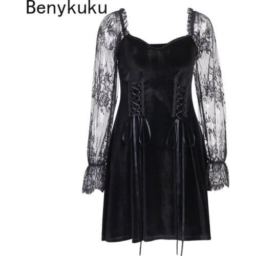 Vintage Lolita Lace Long Puff Sleeve Bandage Black Dress Aesthetic Elegant High Waist Party Dresses for Women Sexy Gothic Dress