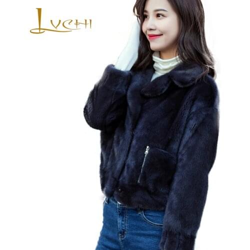 LVCHI 2019 Winter Import Velvet Mink Fur Coat Real Fur Coats Women Full Sleeve Turn-Down Collar Short Mink Fur Moto Style Coats