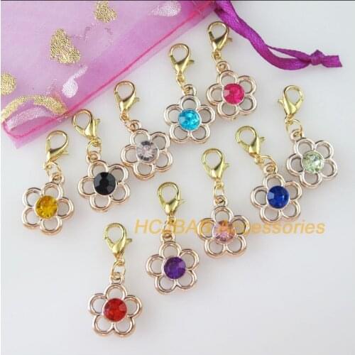 10Pcs KC Gold Plated Mixed Crystal Flower Charms With Lobster Claw Clasps 15x17mm
