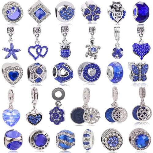 2pc 45 Styles Silver Plated Blue Shinning Star Heart Charms Beads fit Brand Women Bracelets & Necklaces Jewelry Accessories