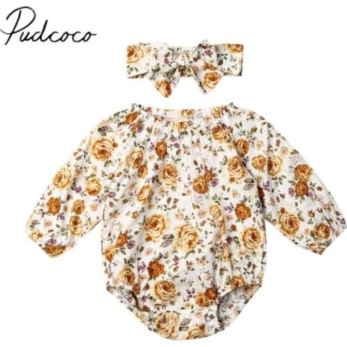 2019 Baby Spring Autumn Clothing 2PCS Newborn Baby Girl Autumn Clothes Flower Long Sleeve Romper Jumpsuit Headband 2Pcs Outfit