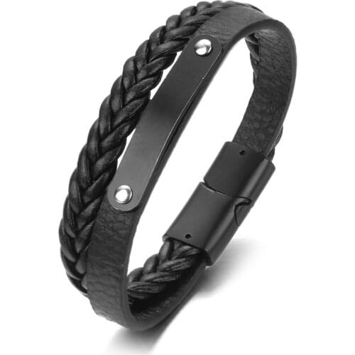 2021 Fashion Jewelry Vintage Stainless Steel Braided Leather Bracelet Glamour Glossy Titanium Steel Double Cuff Couple Bracelet