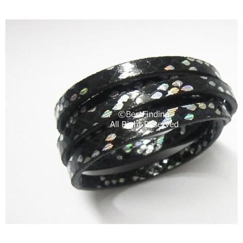 5x2mm Flat leather cord 5mm Black glitter snake skin leather cord