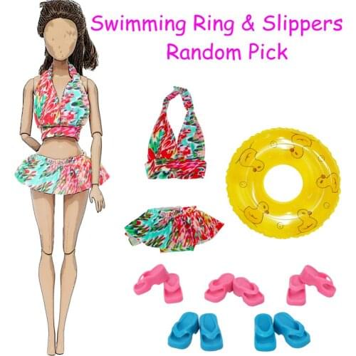 7 Pcs/Lot = 1x Summer Swimsuit Bikini + Random 1x Swimming Ring + Random 5x Colorful Slippers Shoes Clothes for Barbie Doll Toy