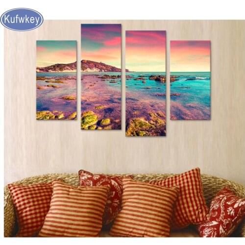 Diamond embroidery,Sunset Shore Reef Scenery Island diy diamond painting 4 pcs Cross Stitch full drill square Rhinestone mosaic
