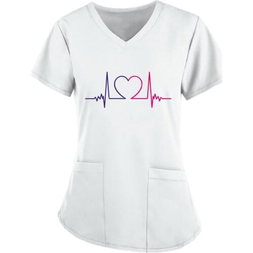 Summer Women Short Sleeve V-neck Tops Working Uniform Heartbeat Print Solid Color Casual Pocket Blouse Medicated Suit Women