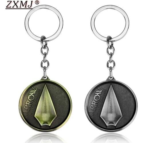 ZXMJ DC Comics Green Arrow Keychain Round Chaveiro 3D Zinc Alloy Cosplay Key Chain Key Ring Souvenirs Two-sided Pendant for man