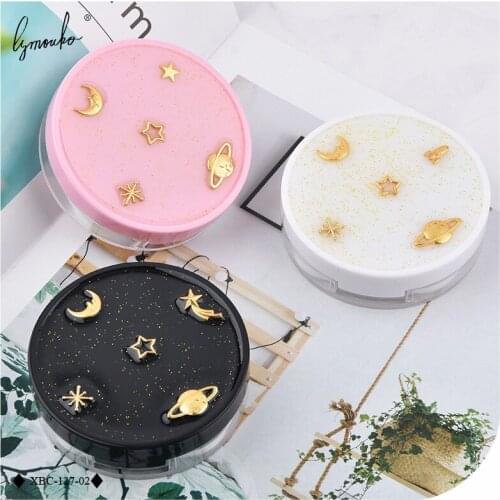 Lymouko New Round Rocket Ribbon Stars Space Black with Mirror Contact Lens Case for Women Kit Container Contact Lenses Box