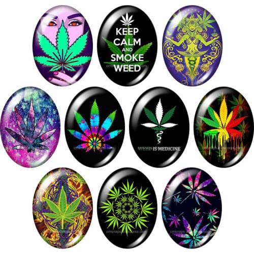 TB0244 Psychedelic Pot Leaf Leaves 10pcs mixed 13x18mm/18x25mm/30x40mm Oval photo glass cabochon demo flat back Jewelry findings