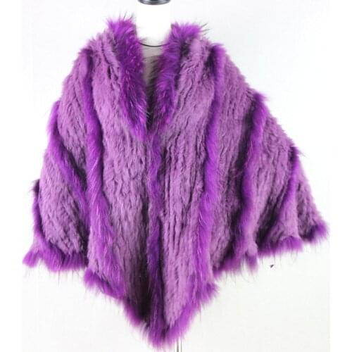 2017 Hot Sale Real Knitted Rabbit Fur And Raccoon Dog Fur Poncho With a Hood Fashion Women Rabbit Fur Shawl Fur Coat