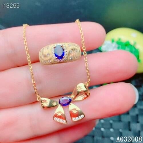 KJJEAXCMY Fine Jewelry 925 Sterling Silver Inlaid Natural Sapphire lovely Ring Necklace Pendant Set Support test