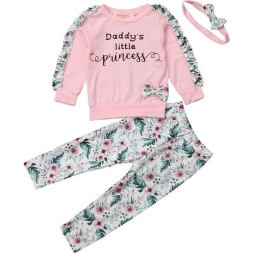 3PCS Newborn Baby Girls Long Sleeve Tops+ Floral Pants Headband Set Clothes Outfits
