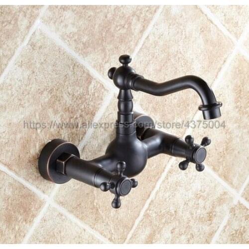 Black Oil Rubbed Brass Wall Mount Bathroom Sink Faucet Dual Cross Handles Mixing Tub Tap Nnf263