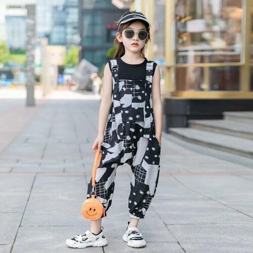 4 To 16 Years Girl Summer Clothing Sets Sleeveless T Shirts + Loose Print Overalls Teens Big Students Girls Sets Vetement Fille
