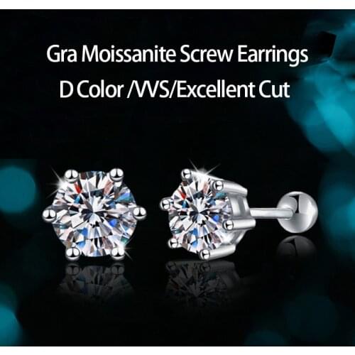 Trendy 925 Sterling Silver 0.3-1 Carat D Color Moissanite Stud Earrings for Women Simple 6 Prong Gra Moissanite Earrings Gift