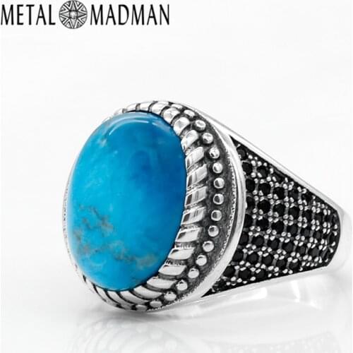 Real 925 Sterling Silver Men Ring with Blue Natural Turquoise & Black CZ Stone Vintage Thai Silver Ring for Male Turkish Jewelry