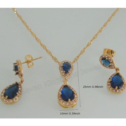 /MIN ORDER 10$ CAN MIX - YELLOW - GOLD COLOR BLUE ZIRCON STONE VIVID WATER DROP SHAPE PENDANT NECKLACE EARRING SET