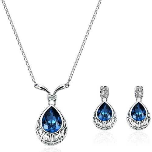 Charm Blue Crystals Earrings Necklace Vintage Jewelry Sets For Women Simple Luxury Wedding Engagement Accessories Wholesale