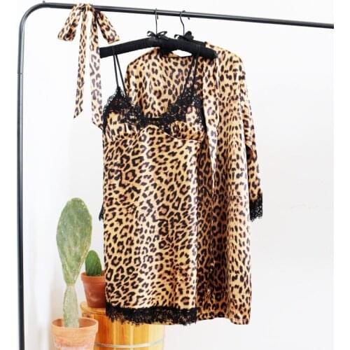 Sexy Women Sleepwear Nightgown Silk Satin Pajamas Robes Lounge Pyjamas Femme Robes Nightdress Leopard Pijamas Kimono Nightdress