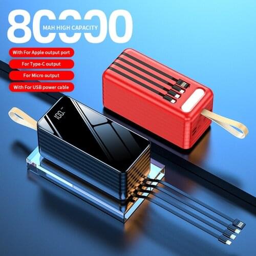 PINZHENG 80000mAh Power Bank For iPhone Xiaomi Huawei Powerbank Portable Charger External Battery Built-in 4 Cables Powerbank