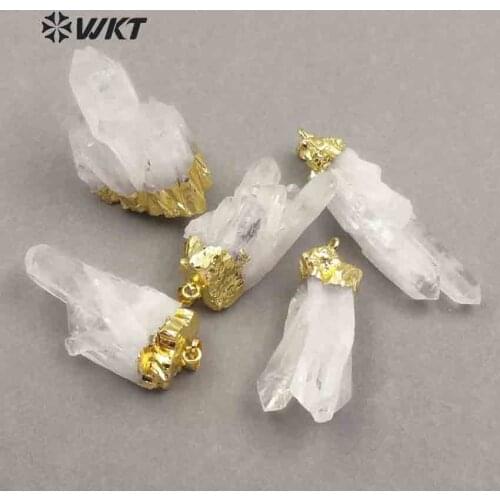 WT-P206 Fashion Natural crystal quartz Pendant with gold electroplated on top, long white cluster quartz chunky point pendant