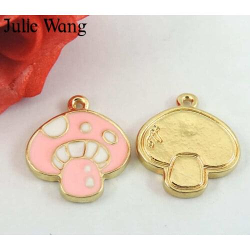 Julie Wang 8PCS Cartoon Mushroom Charms Pink Enamel Gold Tone Alloy Necklace Pendant Bracelet DIY Accessory Jewelry Making