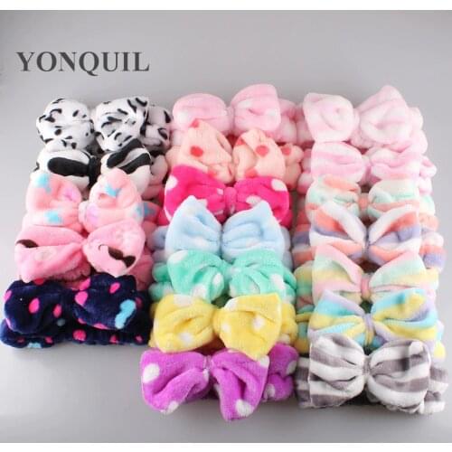 Womens Big Bow Polka Dot Stripe Headbands Elastic Hair Coral Velvet Bath Beauty Shower Hairband Wash Face Makeup Band 12Pcs/Lot