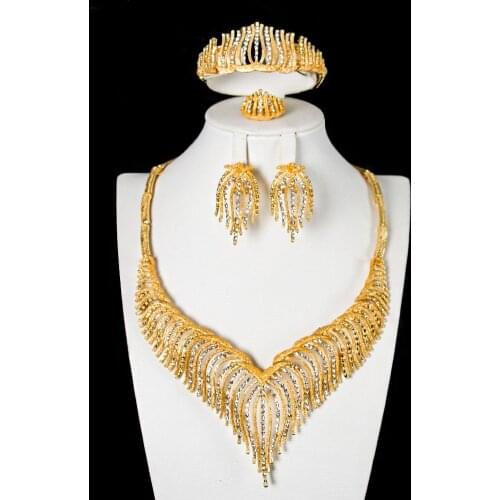 Sakura Love Glamour Woman African Jewelry Set Bridal Shaped Necklace Bracelet Gold Earring Ring Fashion Style Wedding Crystal