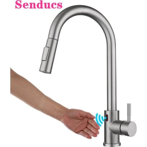 Sensor Kitchen Faucets SUS304 Stainless Steel Pull Out Kitchen Faucets Touchless Kitchen Mixer Tap Brushed Sensor Kitchen Faucet