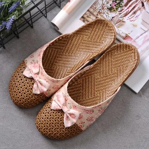 New Women Breathable Flax Indoor Slippers Floral Butterfly-Knot Linen Home Flat Shoes Ladies Summer Non-slip Beach Slippers