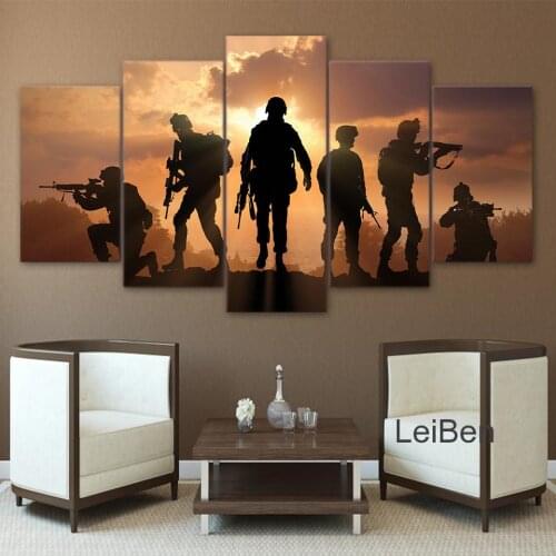 Modern Hd Canvas Painting Army Soldier Sunset Landscape Posters and Prints Five Piece Set Modular Picture Home Decor Living Room