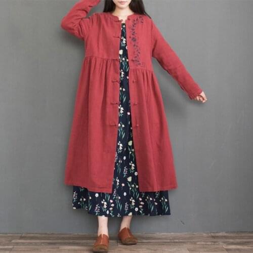 SCUWLINEN 2020 Spring Autumn Women Vintage Trench Long Embroidery Misaligned Waistline Long-sleeve Ramie Cotton Dress Women S621