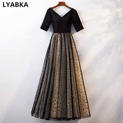 Evening Dress Short Sleeve V-neck Evening Dresses Long Dress 2019 Vestido De Festa Robe De Soiree Aline Black Evening Dress