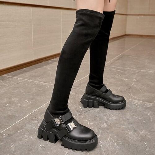 Wedges Platform Female Chunky Heels Party Night Club Shoes Woman Punk Genuine Leather Women Knee High Boots Winter Boots