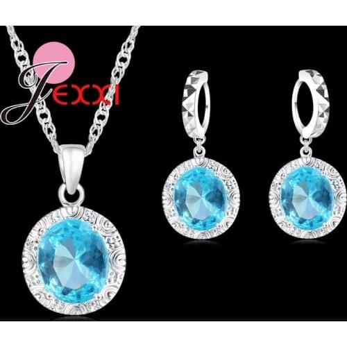 90% Off Big Promotion Vintage 925 Sterling Silver Round CZ Charms Necklace Earrings Jewelry Sets for Women Blue Cubic Zirconia
