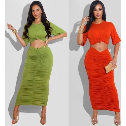 RStylish 2021 Summer Streetwear Fashion Solid Color Short Sleeve Ruched Hollow Cut Out Women Bodycon Long Maxi Dress