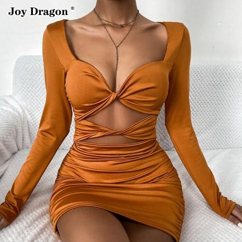 2021 Women Long Sleeve Sexy Dress Deep V Hollow Mini Bodycon Pleated Party Night Tight Black Ladies Dresses Female Clothing