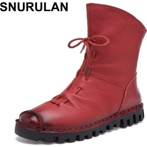 SNURULAN New Vintage Style Genuine Leather Women Boots Flat Booties Soft Cowhide Womens Shoes Zip Ankle Boots zapatos mujer