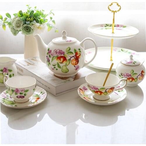 Tea Cup Set Bone China Tea Set Coffee Cup Saucer Set Creamer Sugar Bowl Fruit Plate Teaware Set Coffeeware Supplier