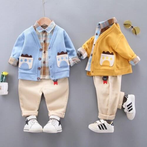 Spring Children Clothes Baby Boy Cotton Plaid Shirts Coats Blouses Pants 3Pcs/sets Infant Outfit Kids Fashion Toddler Tracksuits