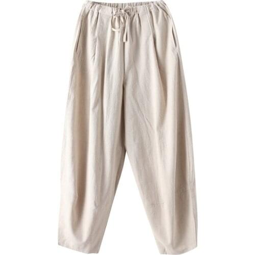 Chinese folk style wide leg pants Spring autumn men Cotton and linen lantern pant Casual men Solid color loose trousers Fat pant
