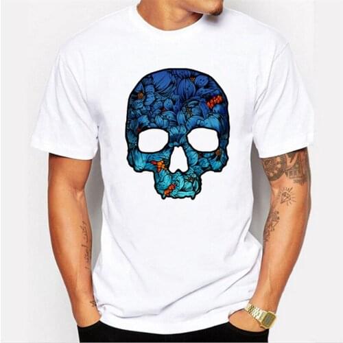 Papertiger Classic White T-shirt Fashion Blue Orange Petal Pattern Skull Print T-shirt