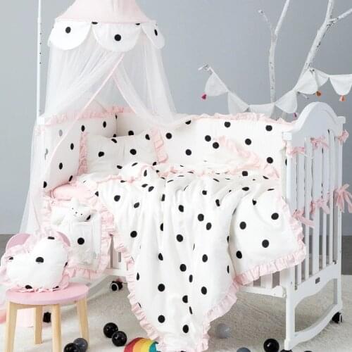 7Pcs Baby Bedding Set CottonTwo Colors Newborn Protector Washable Crib Bumper Infant Lace Duvet Cover Mattress Cover Pillow Girl