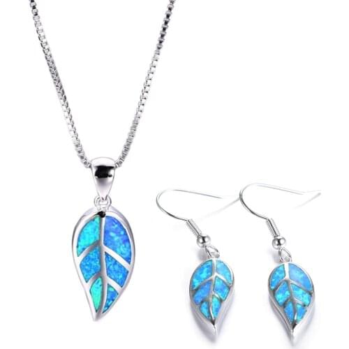 Fashion Elegant Leaves Necklace Earrings jewelry set Trendy women Fire Opal Pendant Necklace for girl friend best gift