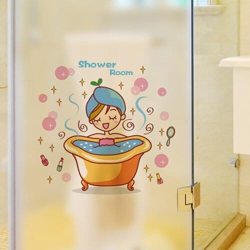 Lovely girl in the bath Glass Door Wall Sticker Shower Waterproof bathroom Home Decoration Art Decals Stickers wallpaper