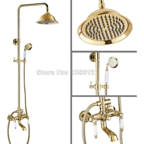 Gold Color Brass Rain Shower Faucet Set Bathroom Wall Mounted Ceramic Dual Handles Bathtub Mixer Tap with Handheld Shower Wgf373