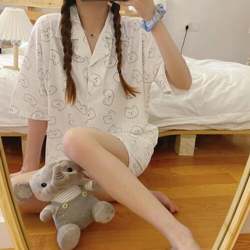 Summer Korean Sweet Women Cartoon Little Bear White Turn Down Collar Short Sleeve Pajamas Set Loose Preppy Style Girl Sleepwear