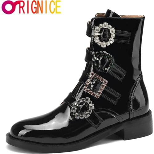 Orignice Fashion Buckle Patent Leather Rhinestones Ankle Boot Woman Brand Round Toe Female Spring Autumn Party Dress Shoes Black